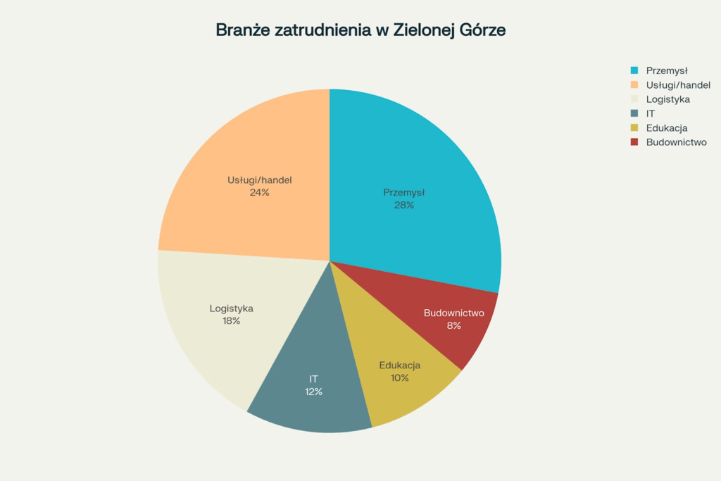 Rozkład głównych branż zatrudnienia w Zielonej Górze według udziału w rynku pracy
